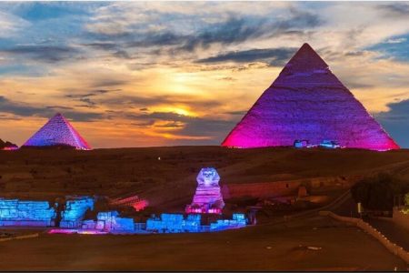 Sound and light show at the Giza Pyramids at night with traditional lunch.